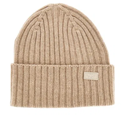Max Mara Virgin Wool Beanie Hat With Logo Patch In Brown