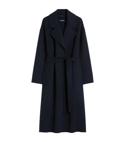 Max Mara Virgin Wool Belted Coat In Blue