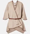 Max Mara Belted Whipstitched Embroidered Wool Cape In Neutral
