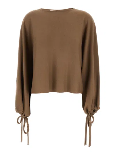 Max Mara Virgin Wool Crewneck With Tie Cuffs Sweater In Brown