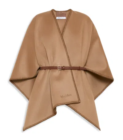 Max Mara Virgin Wool Logo Cape And Belt In Brown
