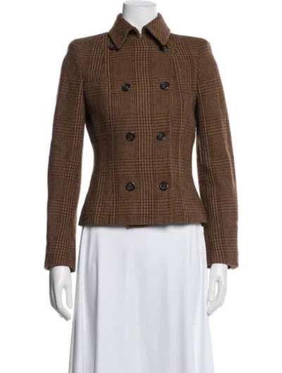 Pre-owned Max Mara Virgin Wool Plaid Print Blazer In Brown