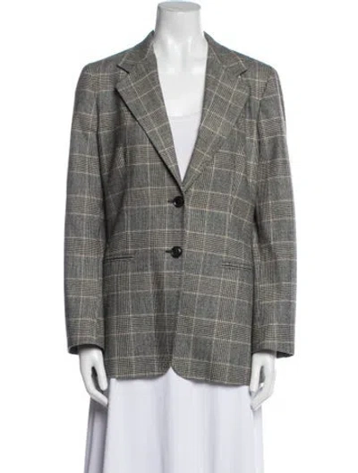 Pre-owned Max Mara Virgin Wool Plaid Print Blazer In Gray