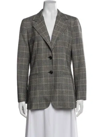 Pre-owned Max Mara Virgin Wool Plaid Print Blazer In Gray