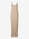 Max Mara Long Beige Ribbed Dress With U Neckline In Lurex Woman In Pleated Knit