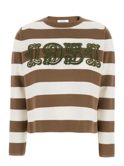 MAX MARA MAX MARA 'VITERBO' BEIGE CREWNECK SWEATER WITH EMBROIDERY ON THE FRONT AND ALL-OVER STRIPED MOTIF IN