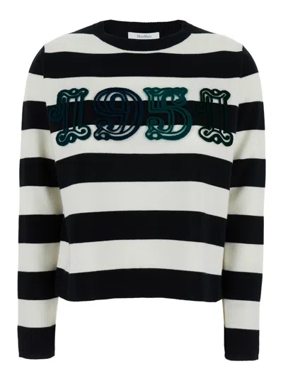 MAX MARA MAX MARA WOMEN 'VITERBO' BLACK AND WHITE CREWNECK SWEATER WITH EMBROIDERY ON THE FRONT AND ALL-OVER 