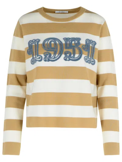 Max Mara Wool Sweater With Embroidered Stripes And Crew Neck In Brown