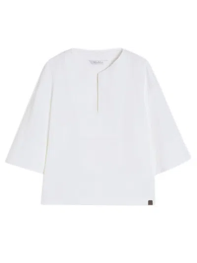 Max Mara V-neck Linen-blend Blouse With Relaxed Fit And Short Sleeves In Bianco