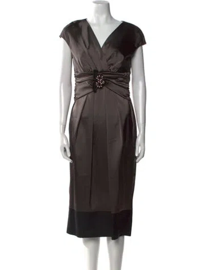 Pre-owned Max Mara V-neck Midi Length Dress In Brown