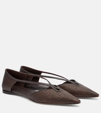 Max Mara Volpino Leather-trimmed Woven Ballet Flats In Brown