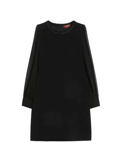 Max Mara Volto Beaded-neck Sheer-sleeve Dress In Black