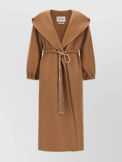 Max Mara Waist Belt Hooded Long Coat In Brown