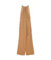Max Mara Camel Brown Drawstring Waistband Silk Jumpsuit In Brown