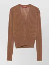 Max Mara Waist Fitted V-neck Ribbed Cardigan In Brown