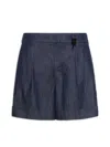 Max Mara Washed Pure Cotton Denim Shorts High-waist Pleated Back With Removable Jewel In Blue