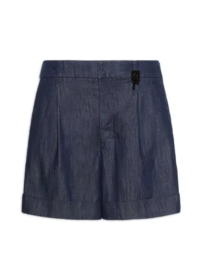 Max Mara Washed Pure Cotton Denim Shorts High-waist Pleated Back With Removable Jewel In Blu