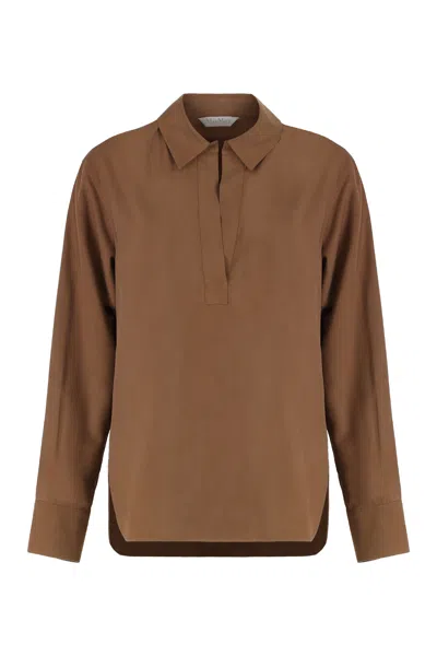 Max Mara Washed Silk Polo Shirt With Rounded Back Hem In Brown