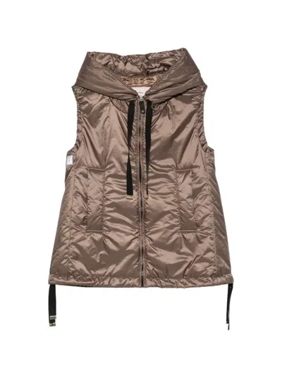 Max Mara Waterproof Padded Canvas Vest With Front Zip And Side Welt Pockets In Marrone