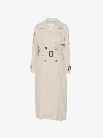 Max Mara Water-repellent Cotton Twill Trench Jacket With Wide Lapel Collar, Raglan Cuffs & Matching  In Beige