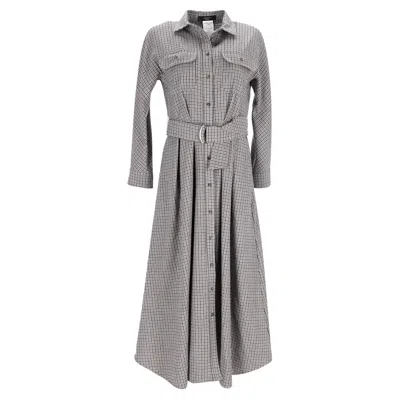 Max Mara Weekend Check Fischio Maxi Belted Dress In Grey Virgin Wool In Gray