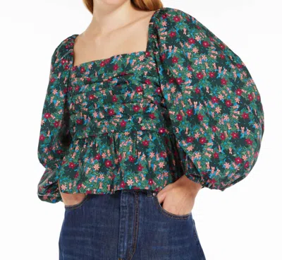 MAX MARA WEEKEND PALPITI POPLIN FLORAL SMOCKED TOP IN GREEN BLUEBELL