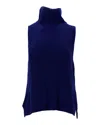 Max Mara Weekend Ribbed Sleeveless Turtleneck Top In Navy Blue Wool In Blue