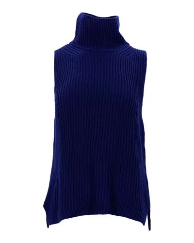 Max Mara Weekend Ribbed Sleeveless Turtleneck Top In Navy Blue Wool