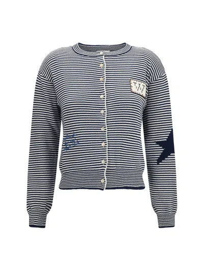 Max Mara Weekend Striped Cotton Knit With Intarsia Cardigan In Blue