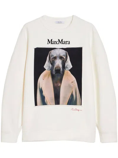 Max Mara Brushed Cotton Crew Neck Sweatshirt With Weimaraner Motif In White