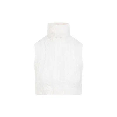 Max Mara White Canvas Wool Dark Short Braid Vest