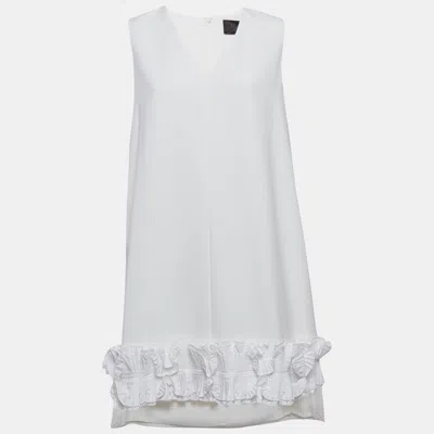 Pre-owned Max Mara White Crepe Ruffled Hem Sleeveless Tunic Top L