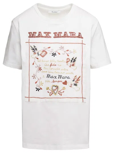Max Mara White Crew Neck T-shirt With Embroidered Design And Logo In Cotton Woman In Multicolor
