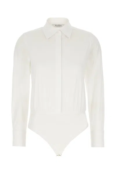 Max Mara White Stretch Cotton Bodysuit In Bianco Ottico