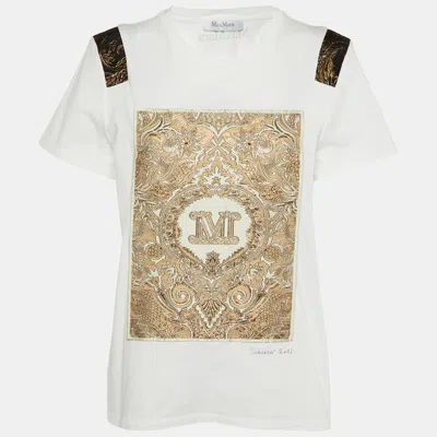 Pre-owned Max Mara White/gold Patched Cotton Crew Neck T-shirt L