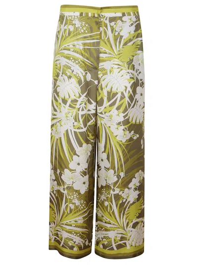 Max Mara Wide-leg Silk Pants With Tropical Floral Print In Green