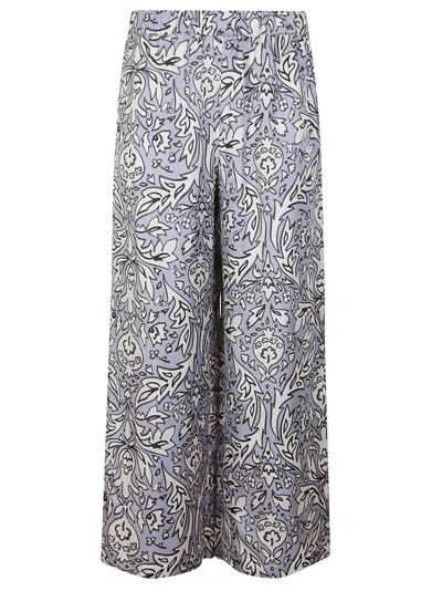 Max Mara Wide-leg Silk Trousers With Floral Pattern In Gray
