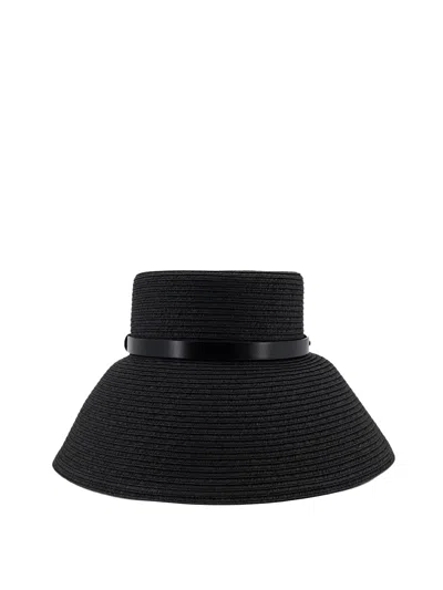 Max Mara Wide-brimmed Hat With Logo Leather Strap In Black