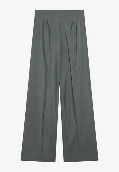 Max Mara Dark Green Wide Trousers In Wool And Silk In Gray