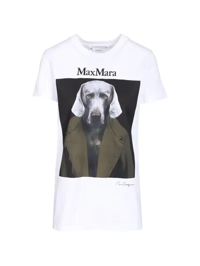 Max Mara Slim Fit Cotton T-shirt With Graphic Print And Contrast Logo In White