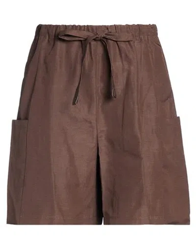 Max Mara Woman Shorts & Bermuda Shorts Chocolate Brown Size 6 Linen, Silk
