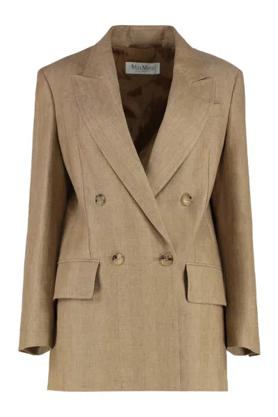 MAX MARA WOMEN BROWN DOUBLE-BREASTED LINEN BLAZER, M LUXURY BLAZERS FOR WOMEN DARVEYS