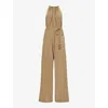 Max Mara Camel Brown Drawstring Waistband Silk Jumpsuit In Clay