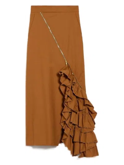 Max Mara Gabardine Skirt With Ruffles In Tobacco