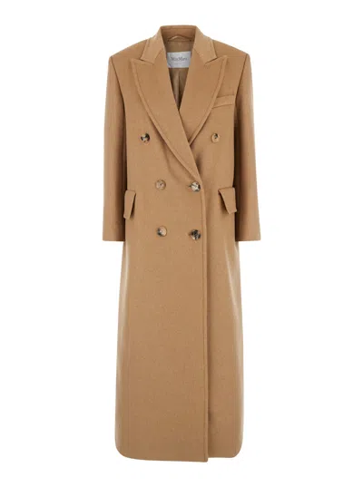 Max Mara Women 'fungo' Long Camel Brown Coat With Peak Revers In Wool Woman
