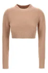 Max Mara Cropped Crew Neck Sweater With Ribbed Cuffs In Pink