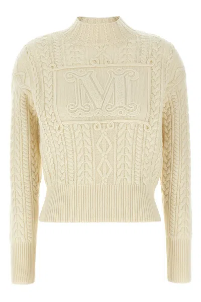 Max Mara 'miranda' High Neck Cable Knit Sweater In White