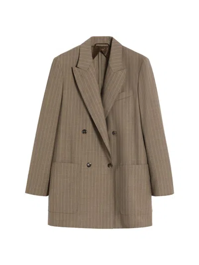Max Mara Beige Acciaio Pinstripe Virgin Wool Jacket In Brown