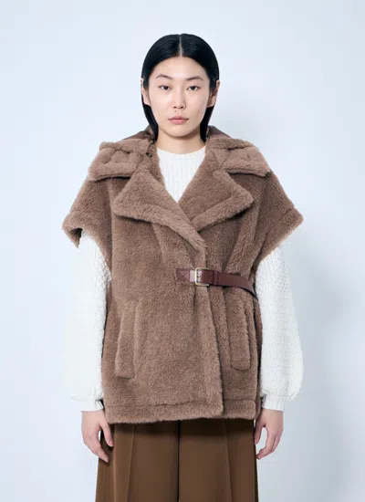 Max Mara Women Teddy Fabric Gilet Cape In Light Brown