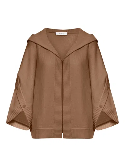 Max Mara Knitwear Hooded Cardigan With Button And Ribbed Hem In Brown